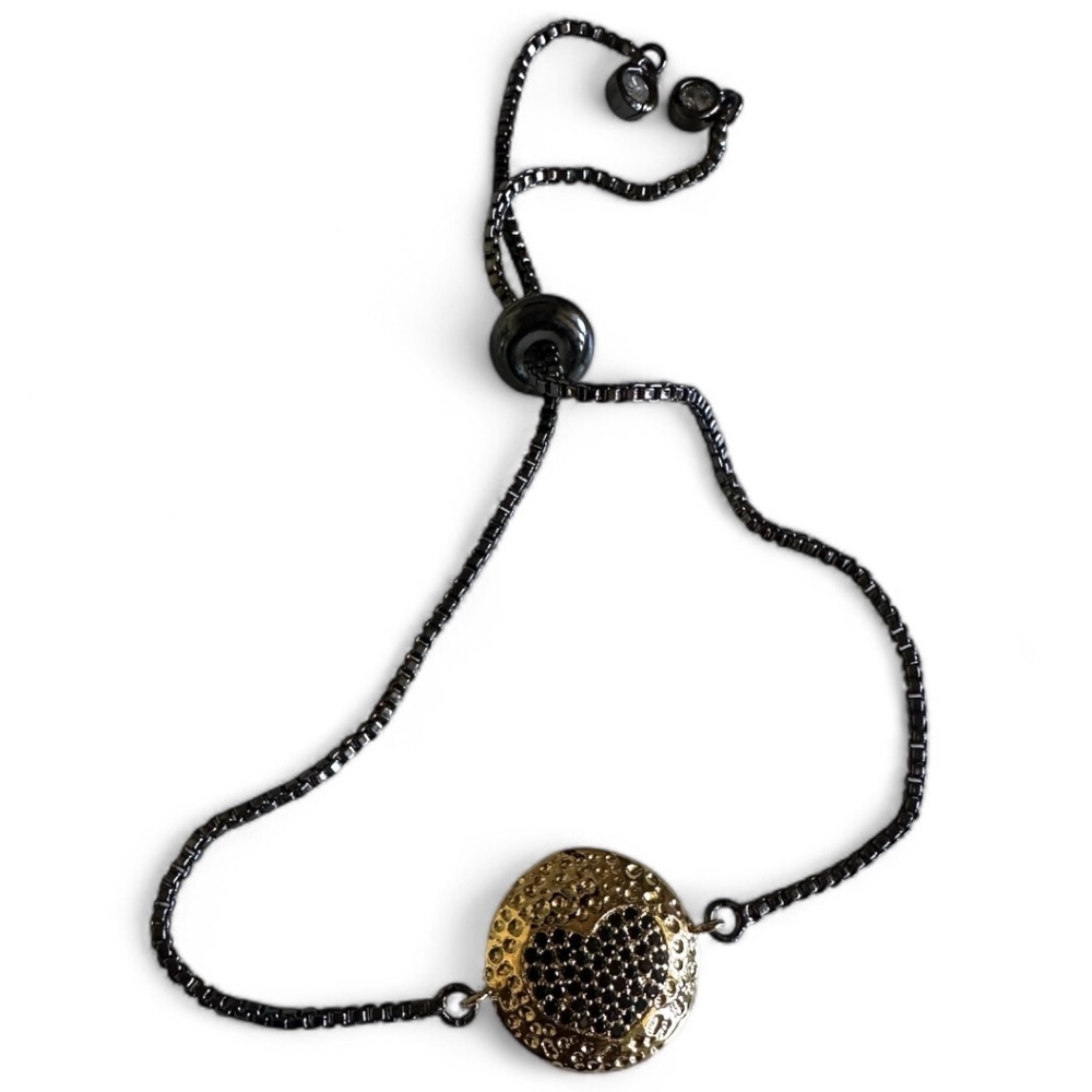 Pavé Heart Adjustable Bracelet | Black & Gold | Crystal Accents